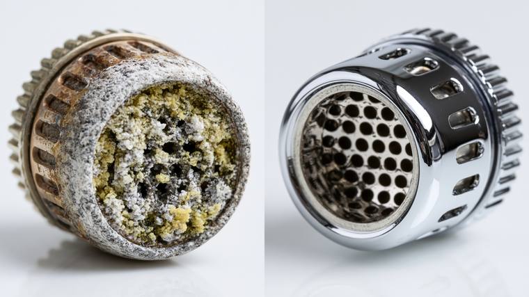 A faucet aerator packed solid with mineral scale beside the same aerator clean and clear