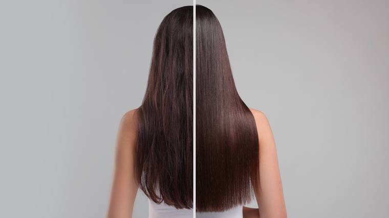 The same head of long hair shown twice, rough and dull on one side and smooth with visible shine on the other