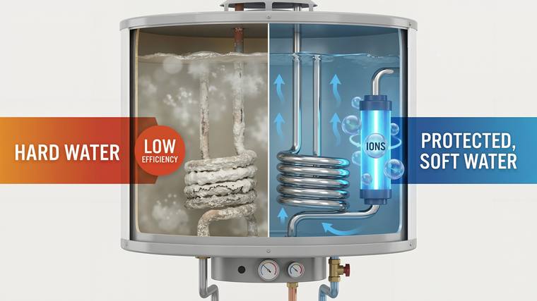 A cutaway water heater with its element buried in scale on one side and clean in softened water on the other