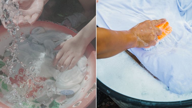 Laundry washed in flat water with no suds beside a shirt scrubbed in thick soapy lather