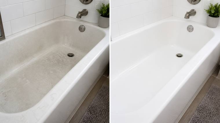 A bathtub dulled by soap scum film beside the same bathtub scrubbed white and glossy